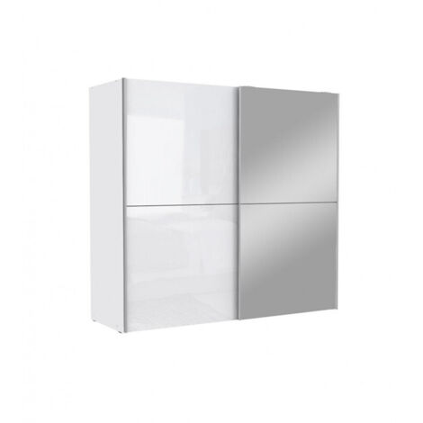 Armoire 2 portes coulissantes 5 tablettes blanc laqué miroir - JEIK