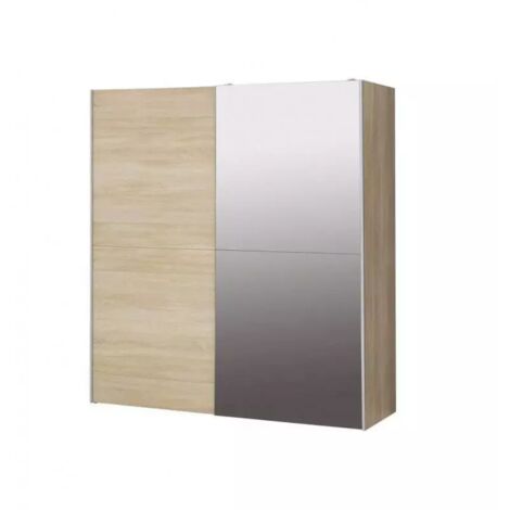 Armoire 2 portes coulissantes 5 tablettes décor bois et miroir - JEIK