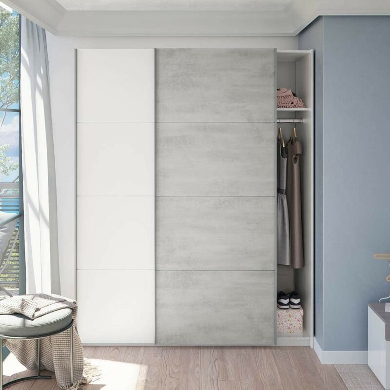 Armoire à portes coulissantes Tekkan 150 cm (largeur) x 200 cm (hauteur) x 60 cm (profondeur) - Artik Blanc - Ciment
