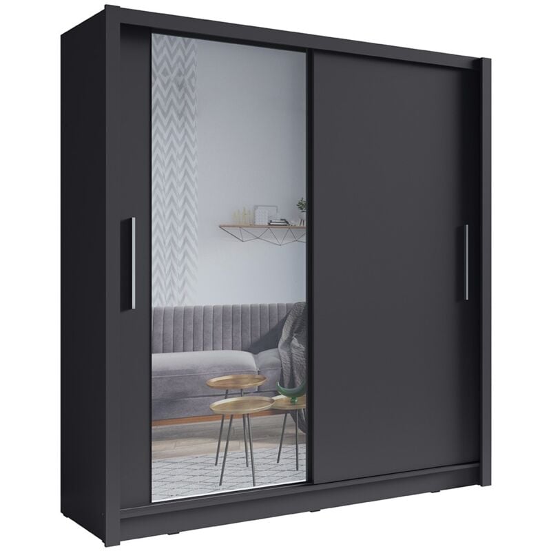 Meublorama - Armoire 2 portes coulissantes avec miroir - 205 cm - gris graphite - collection ozzula