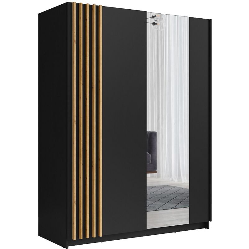 Vente-Unique – Armoire 2 portes coulissantes avec miroir L150 cm – MDF mélaminé noir et naturel – 5 lingères et penderie pour rangement optimisé