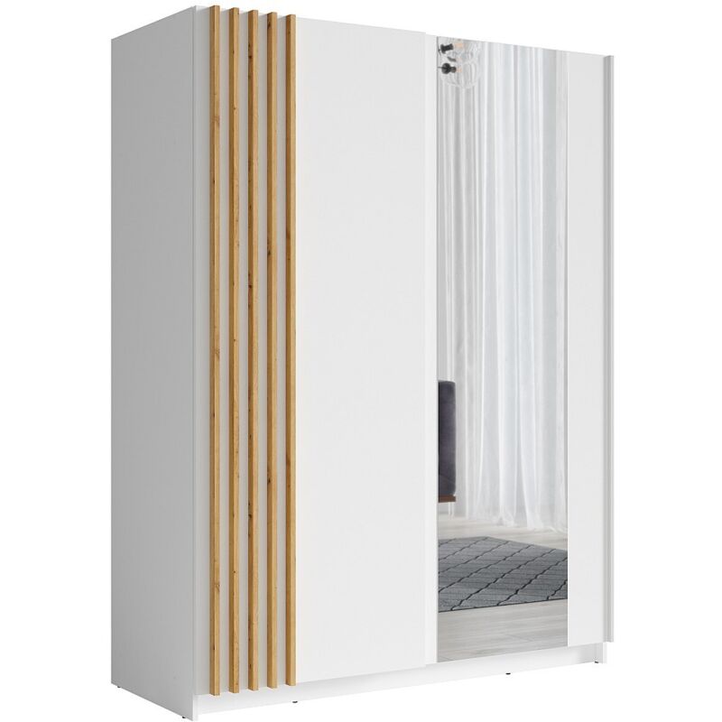 Vente-Unique – Armoire coulissante 2 portes avec miroir – L150 cm – Mdf mélaminé blanc – 5 lingères et penderie – Éco-responsable fabriqué en Europe