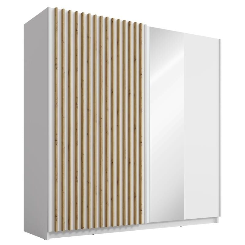 Vente-unique - Armoire 2 portes coulissantes - Avec miroir - L200 cm - Blanc et naturel - tindania