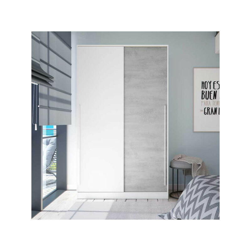 TMM - Armoire 2 portes coulissantes Blanc/Béton - panda - l 120 x l 50 x h 200 cm