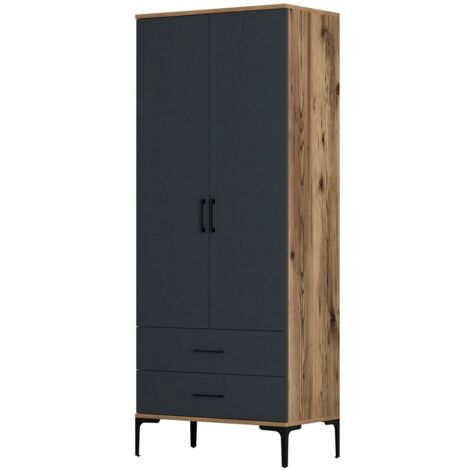 Armoire 2 portes 1 miroir 2 tiroirs anthracite et noir - MARLY