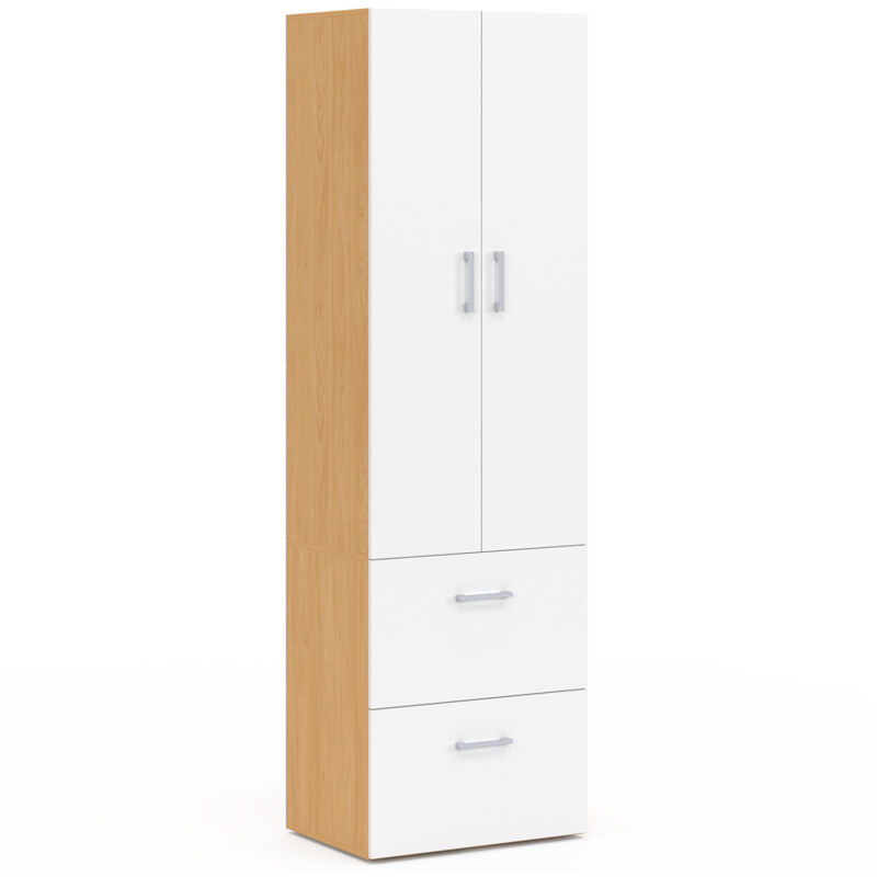 Armoire 2 portes JULIANA blanc et bois penderie 50 cm avec 2 tiroirs