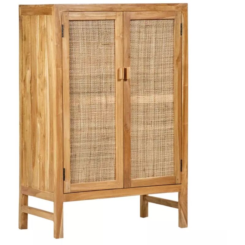 Meubletmoi - Buffet armoire 2 portes teck massif et cannage rotin H.120 cm - camilo