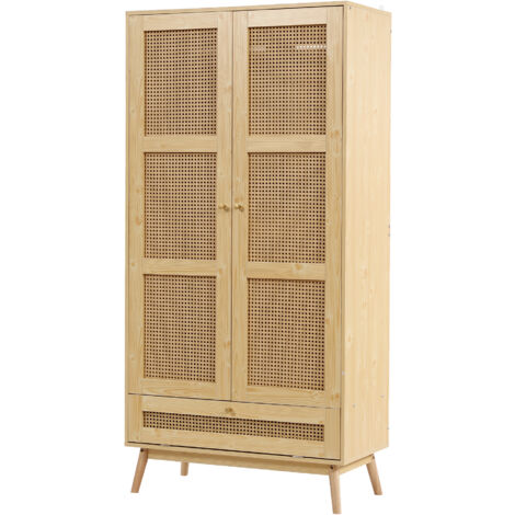 Armoire 2 Portes Naturel and Rotin PE avec Penderie, Rangement Bas Rabattable Chambre Salon