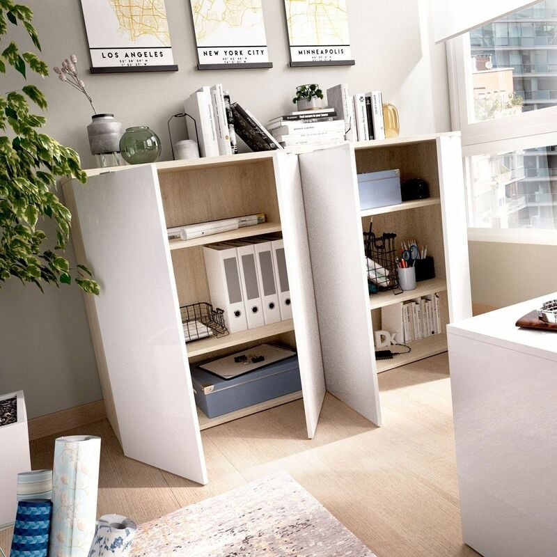 Mobimarket - Armoire basse 2 portes Rox Naturel - Blanc Brillant 79 x 96 x 40 cm - Naturel - Blanc Brillant