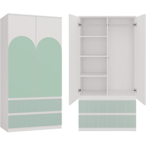 Armoire : 2 tiroirs, 2 portes, Blanc avec vert menthe, 50 × 180 × 90 cm