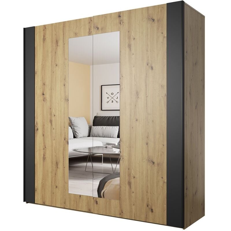 Armoire 200cm. 2 portes coulissantes avec miroirs couleur chêne clair et noir. Collection FOX