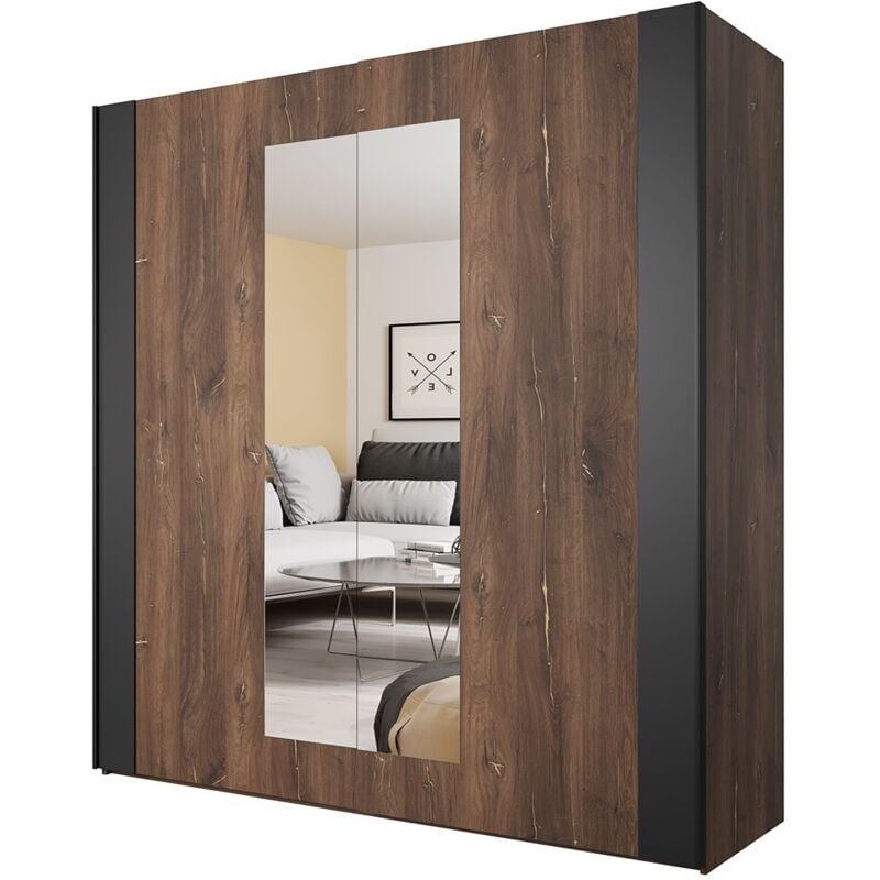 Meublorama - Armoire 200 cm – 2 portes coulissantes avec miroirs – Chêne foncé et noir – Collection fox