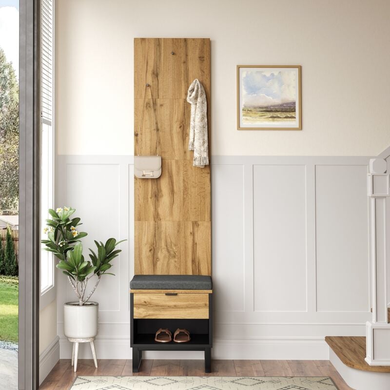 Eifson - Armoire 210x38x50cm, avec 3 patères, tabouret à chaussures et coussin, tiroirs, cloisons ouvertes, porte manteau couloir - Coloris bois