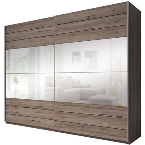 Armoire 220cm. 2 portes coulissantes avec miroirs couleur chêne. Collection FLOYD - Marron - Bois