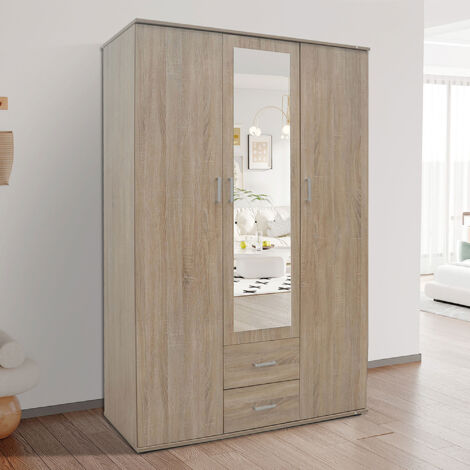 Armoire 3 portes 2 tiroirs 1 miroir 120x52x185 cm décor chêne