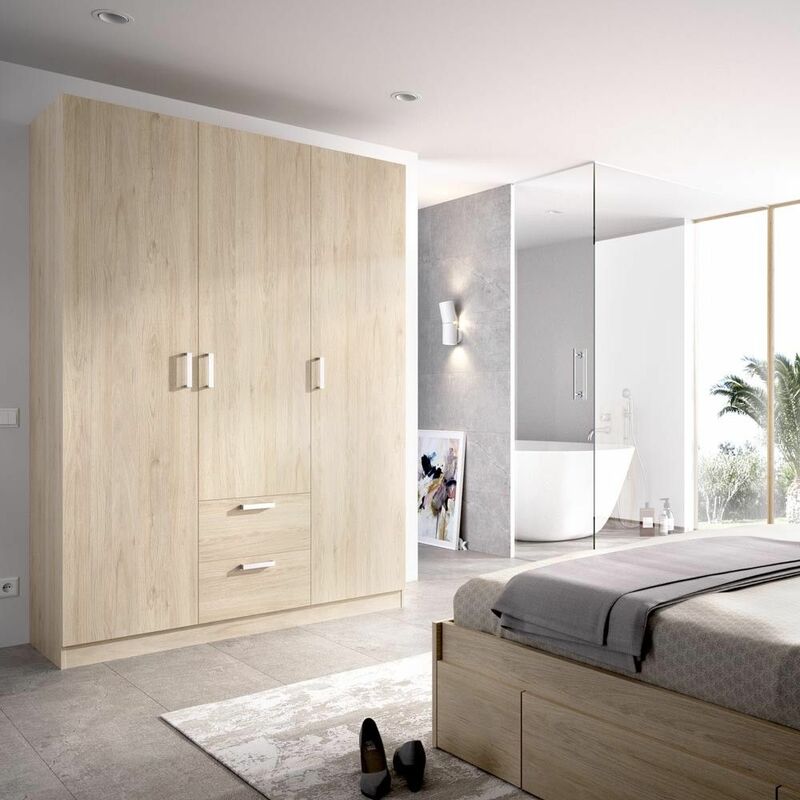 Mobimarket - Maxi armoire 3 portes 2 tiroirs naturel Naturel 150 x 215 x 52 cm - Naturel