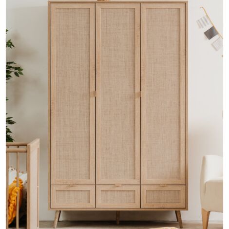 Armoire 3 portes 3 tiroirs 120x55x195 cm avec cannage naturel - KESSI