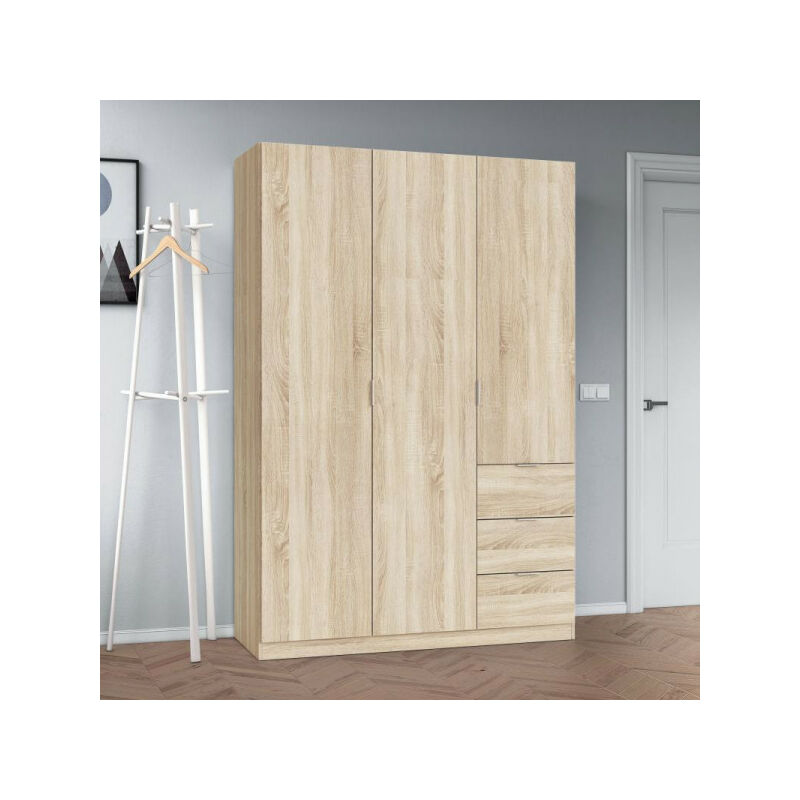 TMM - Armoire 3 portes battantes + 3 tiroirs Chêne - wao - l 135 x l 52 x h 200 cm