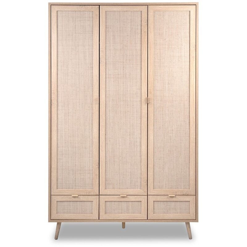 CALICOSY - Armoire 3 Portes 3 Tiroirs et 2 Penderies L120 cm - Impression Rotin - BALI