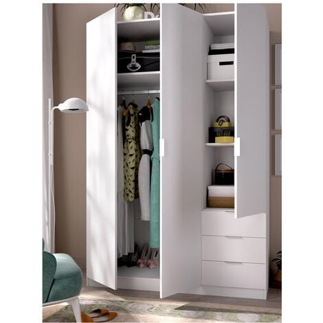 Armoire penderie 3 Portes et 3 Tiroirs L121xH180cm - Blanc Mala