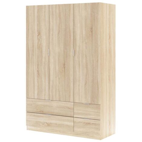 Armoire 3 portes 4 tiroirs 200x135x52 cm chêne