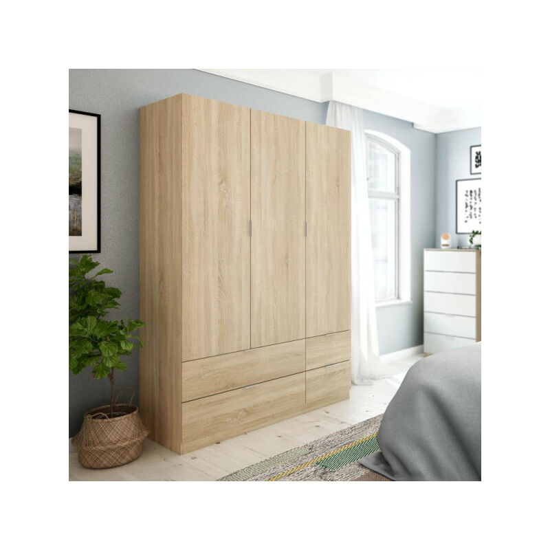 TMM - Armoire 3 portes battantes + 4 tiroirs Chêne - wao - l 135 x l 52 x h 200 cm