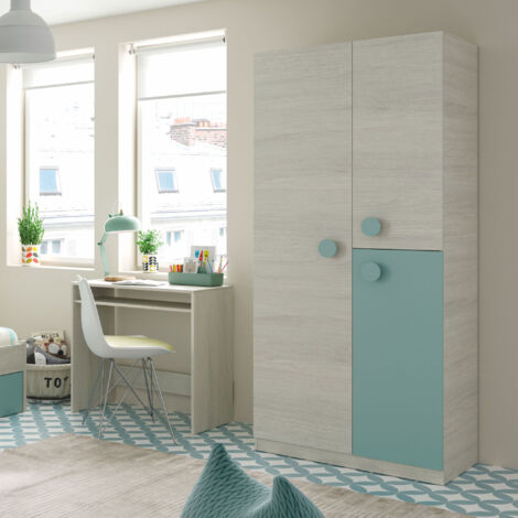 Armoire 3 portes 90x52x200 cm décor vert jade et chêne grisé