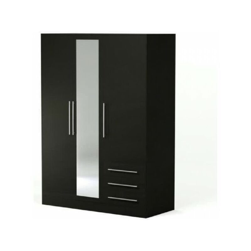 Sans Marque - Armoire 3 portes battantes avec miroir + 3 tiroirs - Bois aggloméré - Noir - l 144,6 x p 60 x h 200 cm - jupiter