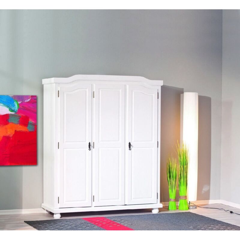 Armoire à trois portes battantes avec étagères internes en pin massif, coloris blanc, 150 x 180 x 56 cm.