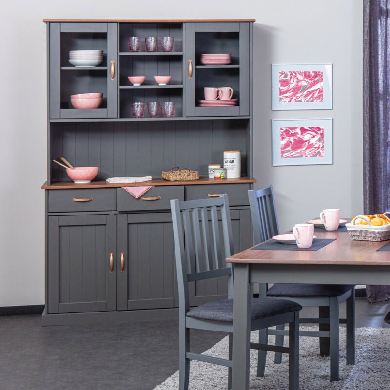 Inter Link - Buffet vaisselier 5 portes et 3 tiroirs en pin massif gris - tera