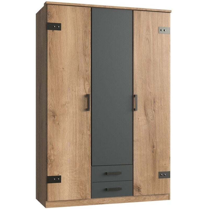 Calicosy - Armoire de chambre - corfou - 3 portes - 2 tiroirs - Chene poutre / Graphite - 135 x 58 x 199 cm