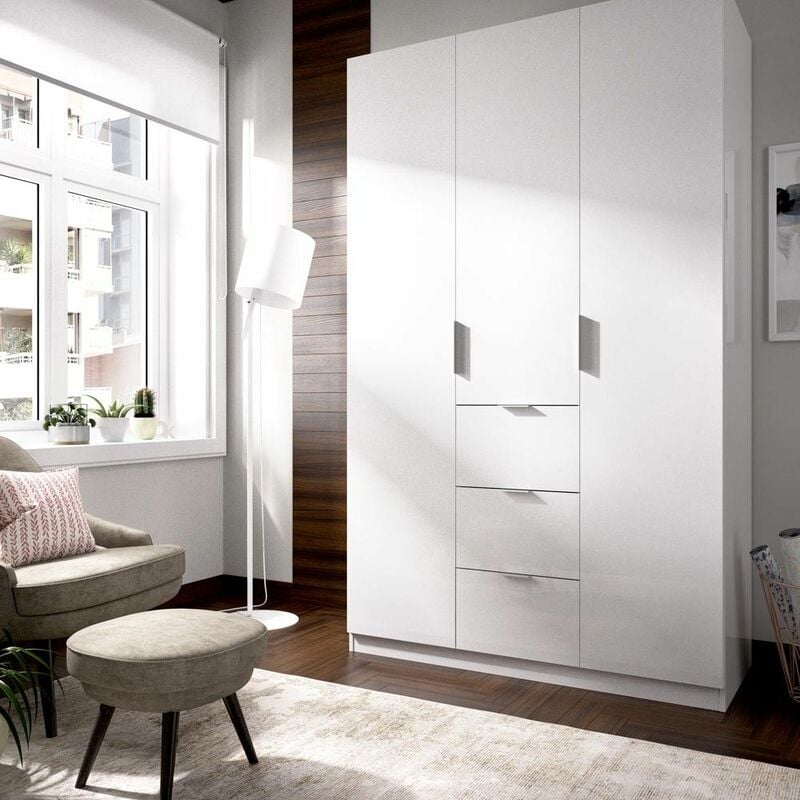 Mobimarket - Armoire blanche Essen 3 portes et 3 conteneurs Blanc brillant 135 x 204 x 52 cm - Blanc brillant
