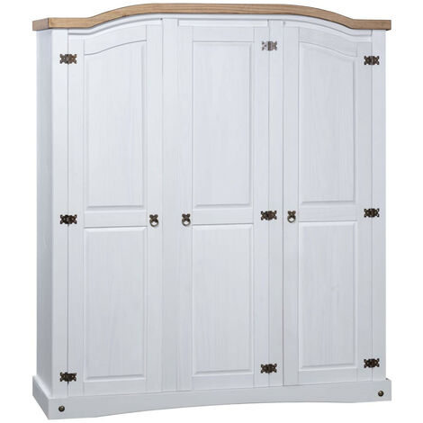 Armoire 3 portes pin massif blanc et bois clair Harrie