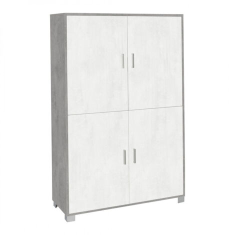 Armoire 4 portes 108 cm (L) x 41 cm (P) x 161 cm (H) – Finition ciment et blanc mat – Sarmog