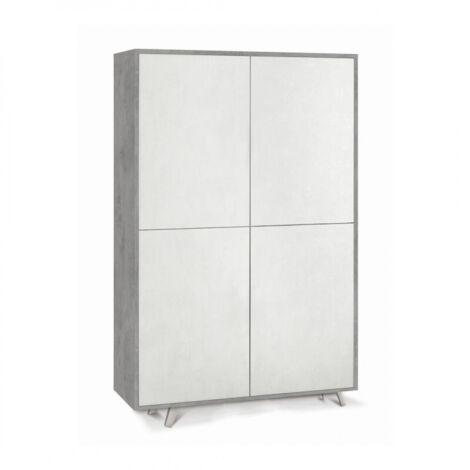 Armoire 4 portes 108 cm (L) x 41 cm (P) x 161 cm (H) – Finition ciment et blanc mat – Sarmog