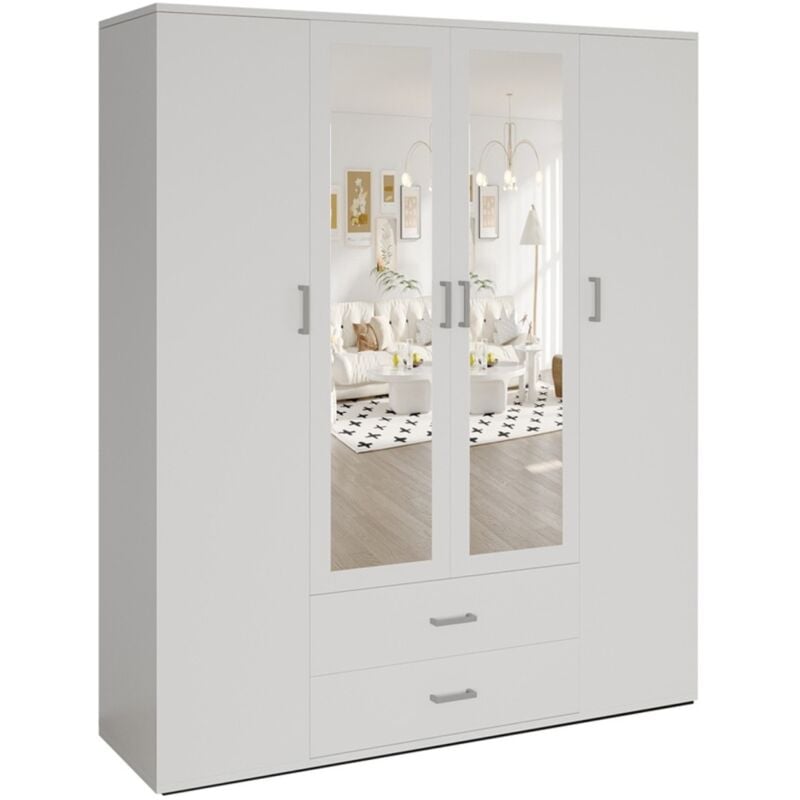 Meublorama - Armoire 4 portes avec 2 miroirs tom – Dimensions H185 x L160 x P52 cm – Coloris blanc – Style design