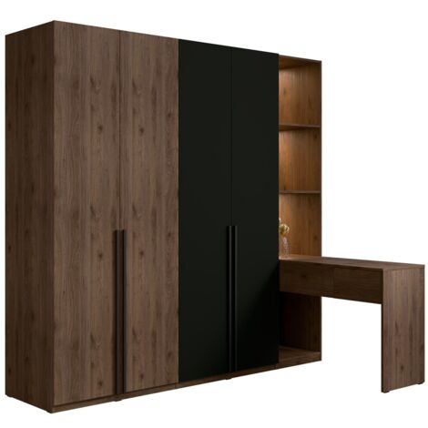 Armoire 4 portes avec coiffeuse intégrée NORVIK – Noyer et noir – Miroir, LED et rangements inclus