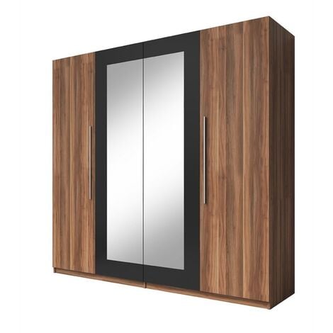 Armoire 4 portes avec miroirs coloris red wallnut et noir - IRINA - Marron - Bois