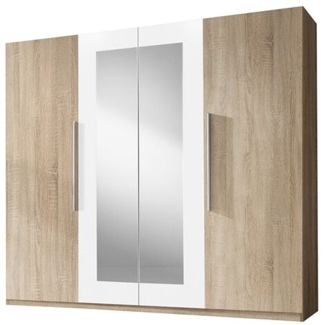 Armoire 4 portes avec miroirs couleur chêne et blanc - IRINA - Marron - Bois