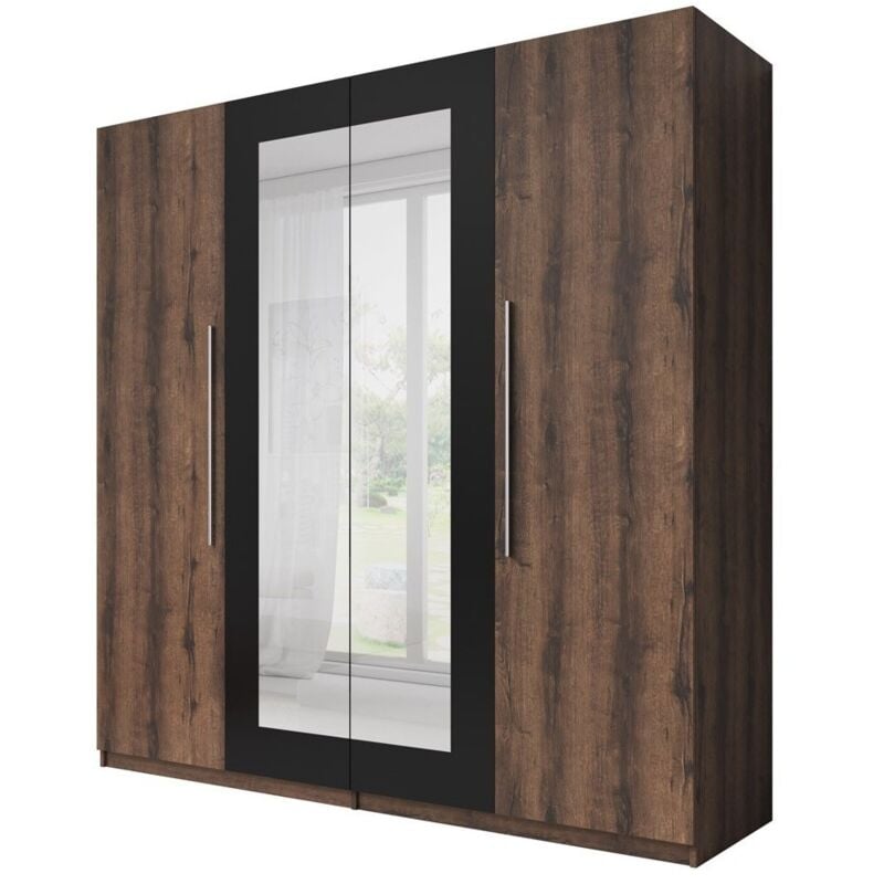 Meublorama - Armoire 4 portes avec miroirs couleur chêne foncé et noir - irina