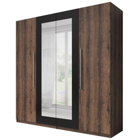 Armoire 4 portes avec miroirs couleur chêne foncé et noir - IRINA - Marron