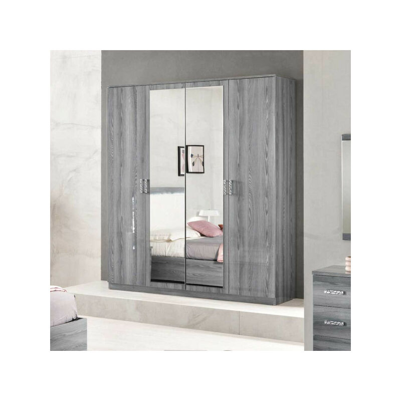 TMM - Armoire 4 portes battantes 2 miroirs Laqué Gris Brillant - feny - l 181 x l 54 x h 210 cm