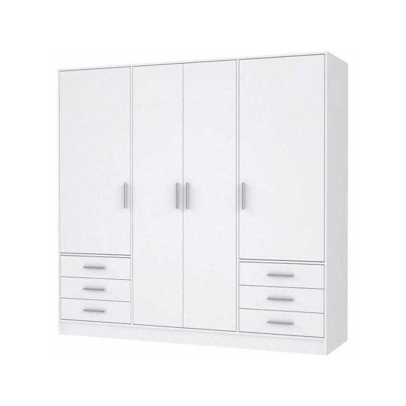 Sans Marque - Armoire 4 portes battantes + 6 tiroirs - Bois aggloméré - Blanc mat - l 206,5 x p 60 x h 200 cm - jupiter
