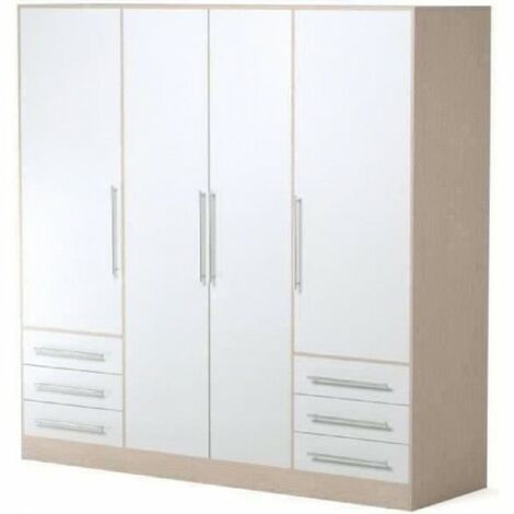 Armoire 4 portes battantes 6 tiroirs en bois aggloméré blanc et chêne – L 206 x P 60 x H 200 cm – Rangement optimal et design contemporain