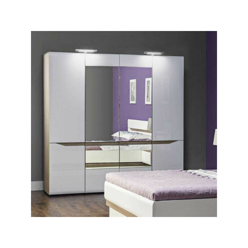 TMM - Armoire 4 portes battantes Blanc/Chêne à led - oniel - l 198 x l 56 x h 201 cm