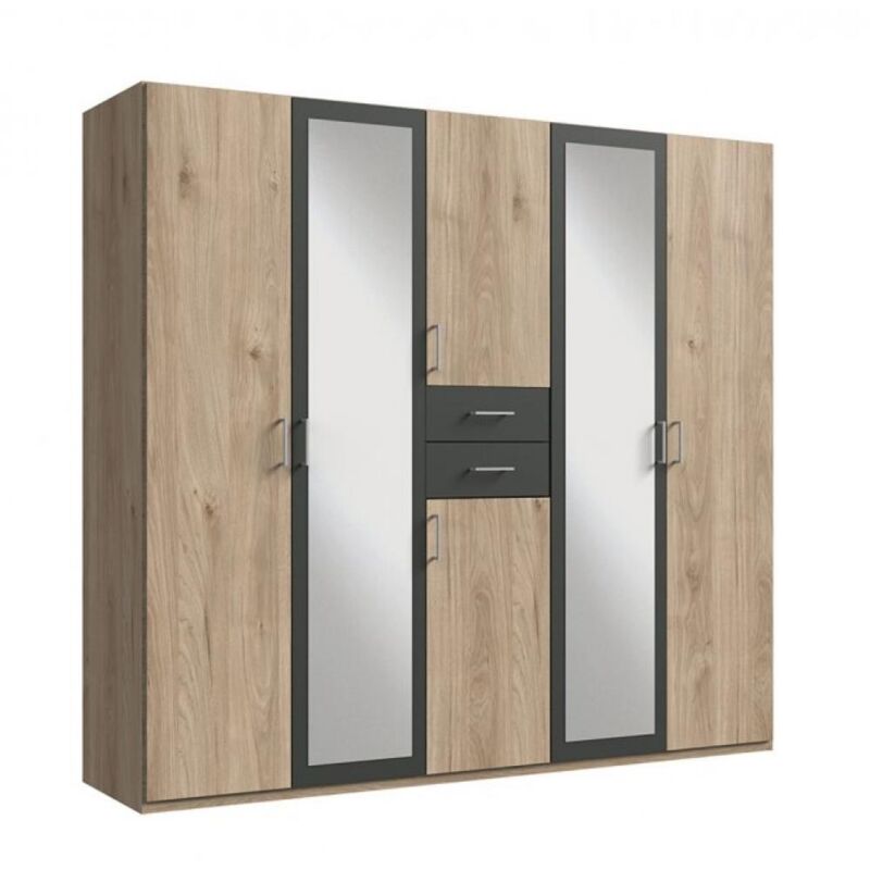 Wimex - Armoire 4 portes chênes 2 portes miroirs diver 225 cm 2 tiroirs graphites