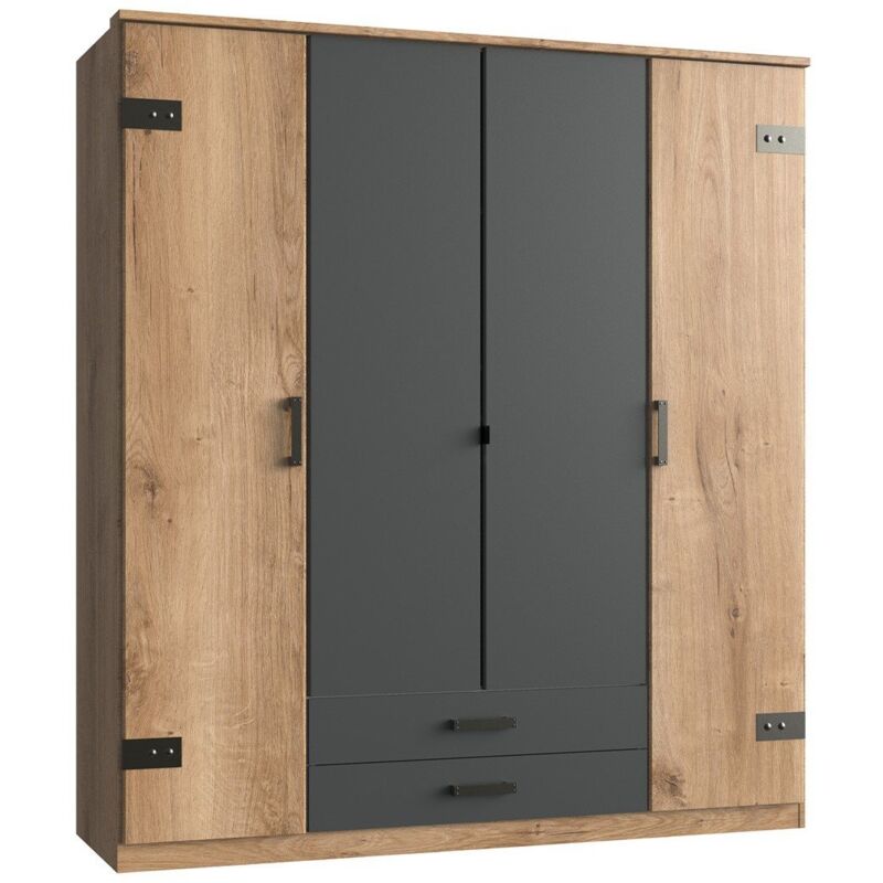 Calicosy - Armoire de chambre - corfou - 3 portes - 2 tiroirs - Chene poutre / Graphite - 180 x 58 x 199 cm