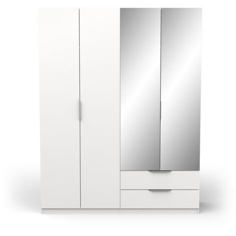 Armoire 4 portes dont 2 avec miroir 2 tiroirs couleur blanc mat - Largeur 157,3 x Profondeur 51,1 x Hauteur 203 cm