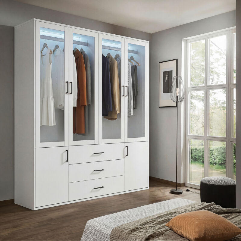 Armoire 4 portes en acrylique transparent avec LED et penderie, 2 portes inférieures et 3 tiroirs, Moderne Meuble de rangement pour chambre en MDF,