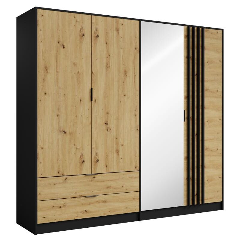 Armoire 4 portes et 2 tiroirs - Avec miroir - L220 cm - Coloris : Noir et naturel - TUNALO